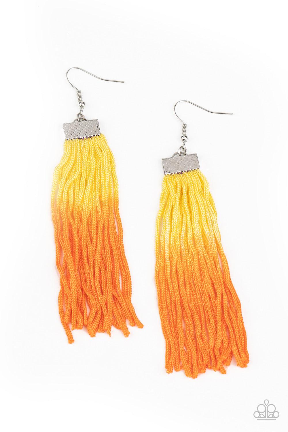 Paparazzi Accessories Dual Immersion - Yellow Colorful threaded tassels gradually fade from yellow to Amberglow, creating a vivacious fringe at the bottom of a hammered silver fitting. Earring attaches to a standard fishhook fitting. Sold as one pair of e