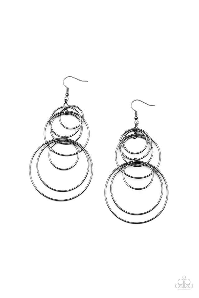 Paparazzi Accessories I Feel Dizzy - Black Varying in size, a shiny collection of mismatched gunmetal hoops haphazardly connect into a dizzying lure. Earring attaches to a standard fishhook fitting. Jewelry