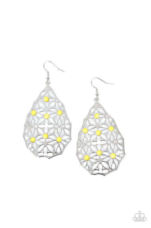 Paparazzi Accessories Delightfully Daisy - Yellow Illuminating beads are scattered across a teardrop frame filled with abstract floral filigree creating a whimsical lure. Earring attaches to a standard fishhook fitting. Sold as one pair of earrings. Earri