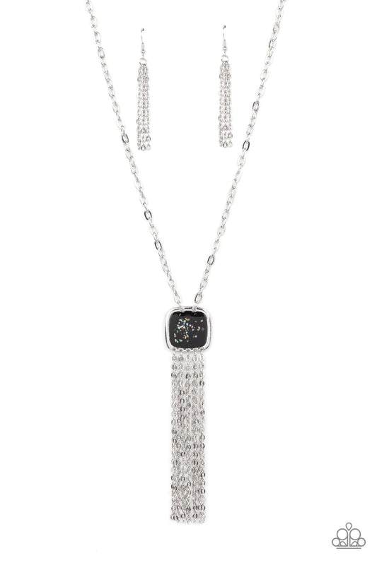 Paparazzi Accessories Seaside Season - Black Flecked in shell-like iridescence, a black painted square silver frame swings from the bottom of a bold silver chain. A matching curtain of silver chains streams out from the bottom of the colorful pendant, add
