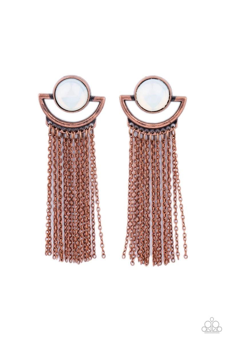 Paparazzi Accessories Opal Oracle - Copper A curtain of dainty copper chains stream from the bottom of a rustic crescent shaped copper frame that is dotted in a dewy opal bead for a mystical finish. Earring attaches to a standard post fitting. Sold as one