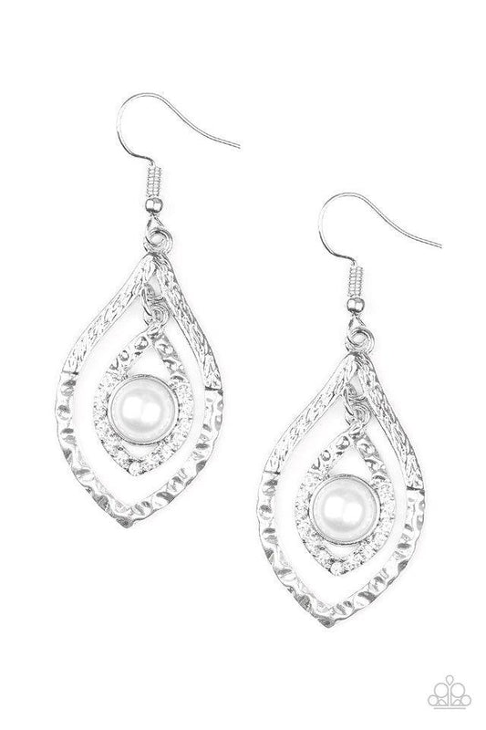 Paparazzi Accessories Breaking Glass Ceilings - White Delicately hammered in endless shimmer, a glistening marquise shaped frame swings from the top of a larger silver frame, creating an elegant lure. Featuring a pearly white center, the smaller frame has