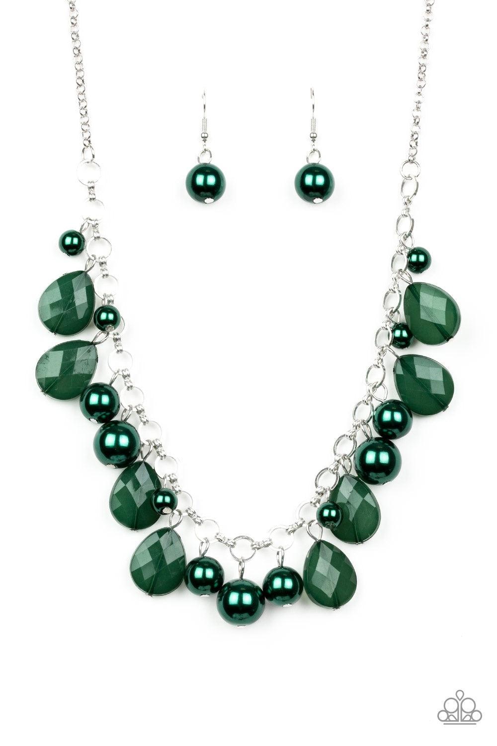 Paparazzi Accessories Pacific Posh - Green A refined collection of opaque green teardrops and pearly green beads swing from shimmery silver links below the collar, creating a fabulous fringe. Features an adjustable clasp closure. Jewelry