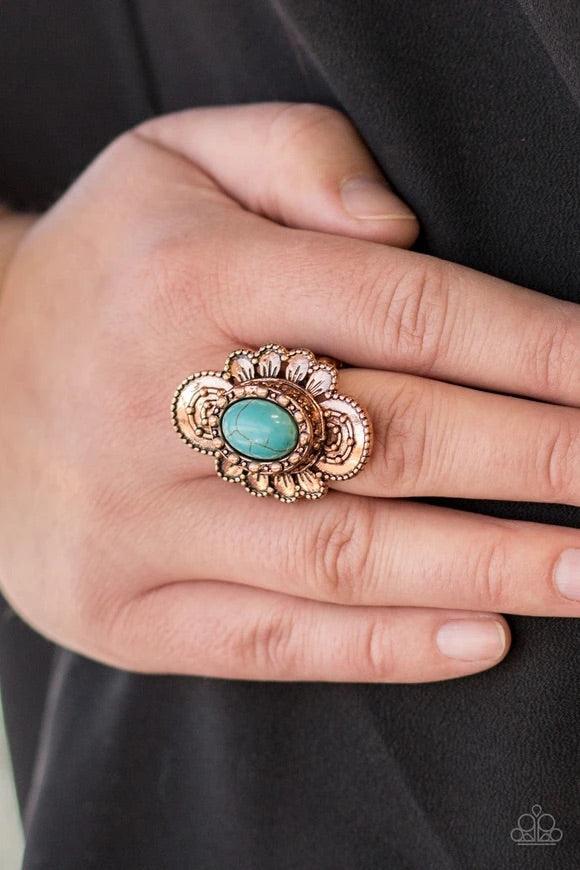 Paparazzi Accessories Basic Element - Copper Dotted in shimmery patterns, textured copper petals bloom from a refreshing turquoise stone center for a bold seasonal look. Features a stretchy band for a flexible fit. Sold as one individual ring. Jewelry