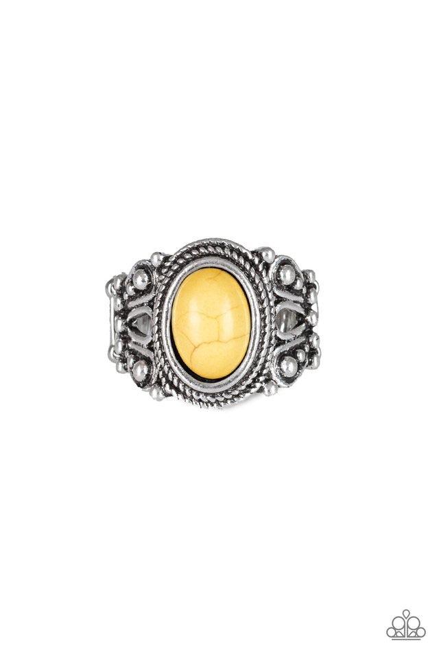 Paparazzi Accessories Coyote Canyon - Yellow A yellow stone is pressed into the center of an ornate silver band for a seasonal look. Features a stretchy band for a flexible fit. Jewelry