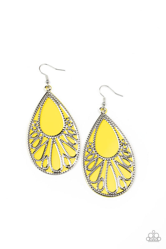 Paparazzi Accessories Loud And Proud - Yellow Stenciled with studded filigree, an airy silver teardrop overlaps atop a yellow acrylic teardrop frame, creating a flamboyant lure. Earring attaches to a standard fishhook fitting. Sold as one pair of earrings