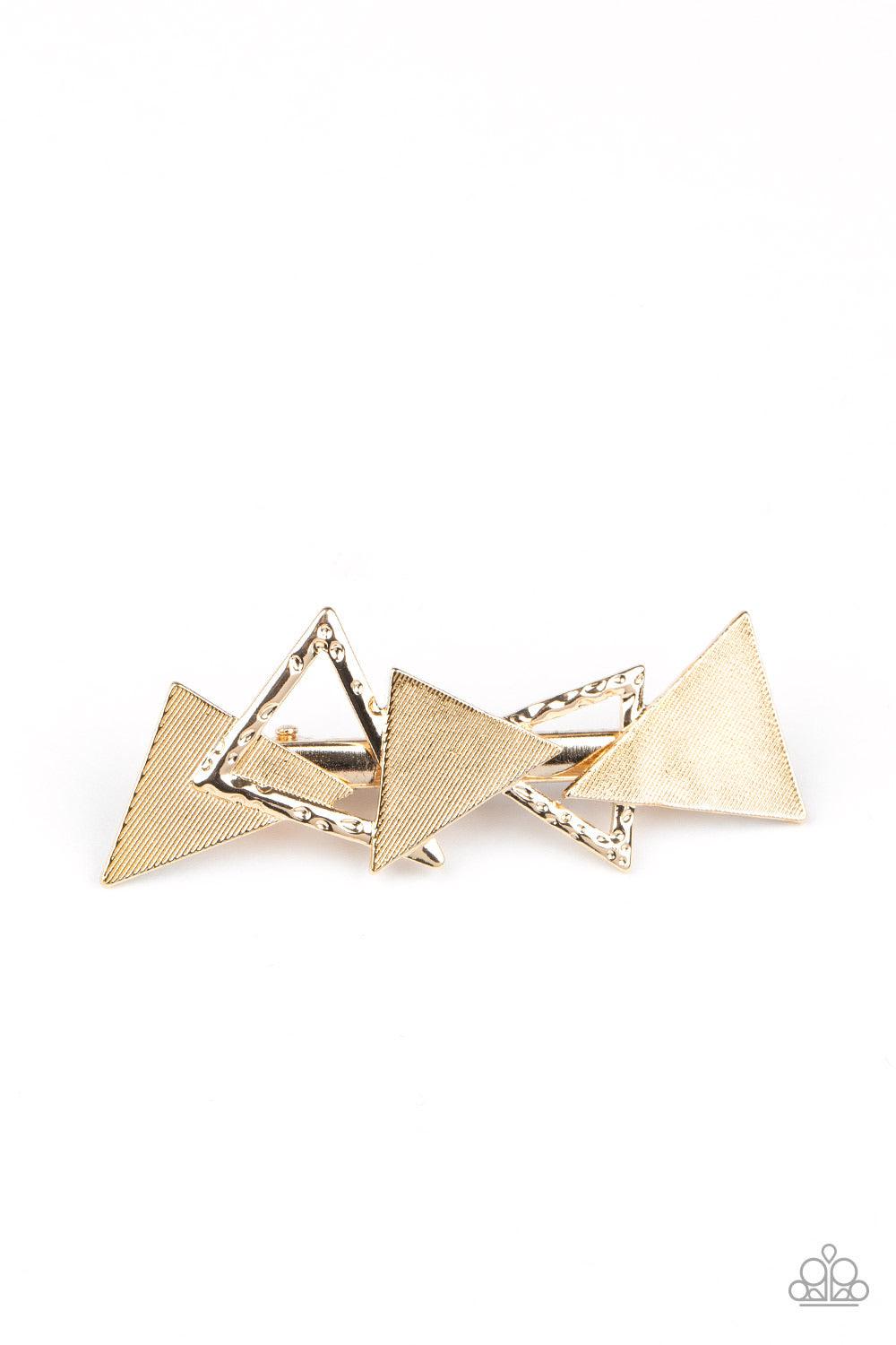 Paparazzi Accessories Know All The TRIANGLES - Gold An abstract collection of hammered and textured gold triangles overlap into an edgy frame. Features a standard hair clip on the back. Sold as one individual hair clip. Hair Accessories