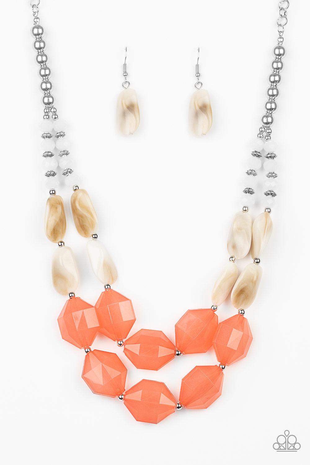 Paparazzi Accessories Seacoast Sunset - Orange A whimsical collection of silver, opaque crystal-like, cloudy white, and faceted coral beads are threaded along invisible wires, creating statement-making layers below the collar. Features an adjustable clasp