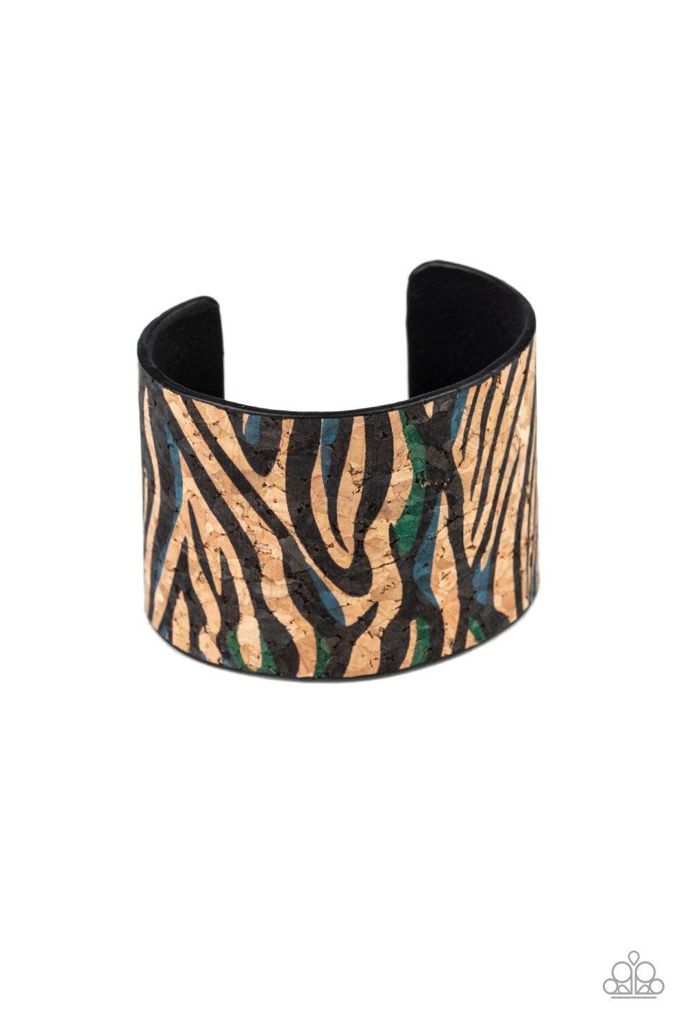 Paparazzi Accessories Show Your True Stripes - Blue Black, blue, and green zebra stripes are printed across the front of a cork-like cuff for an adventurous look. Jewelry