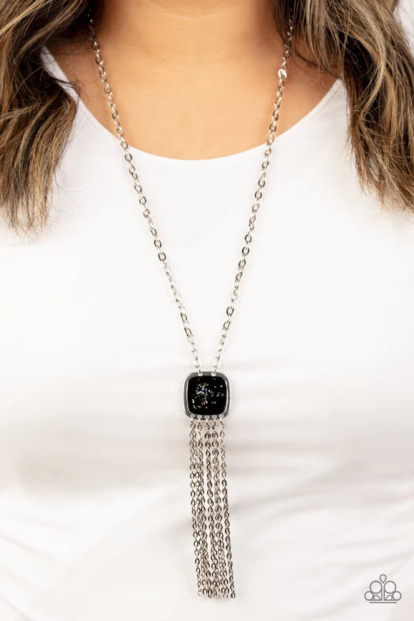 Paparazzi Accessories Seaside Season - Black Flecked in shell-like iridescence, a black painted square silver frame swings from the bottom of a bold silver chain. A matching curtain of silver chains streams out from the bottom of the colorful pendant, add