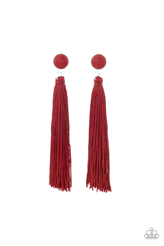 Paparazzi Accessories Tightrope Tassel - Red A tassel of shiny red cording swings from the bottom of a matching red threaded button-top frame for a flirtatious fashion. Earring attaches to a standard post fitting. Jewelry