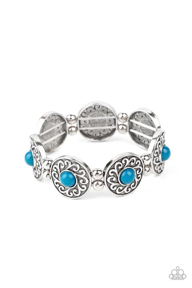Paparazzi Accessories Flirty Finery - Blue Dotted with bubbly blue beaded centers, vine-like embossed silver frames join pairs of silver beads along stretchy bands around the wrist, creating a colorful display. Jewelry