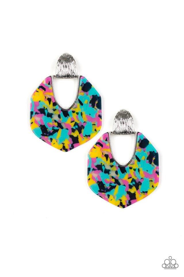 Paparazzi Accessories My Animal Spirit - Multi Brushed in a faux marble finish, a colorfully speckled acrylic frame swings from the bottom of a silver fitting radiating with shimmery detail for a retro look. Earring attaches to a standard post fitting. Je