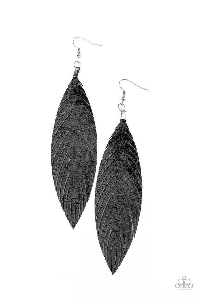 Paparazzi Accessories Feather Fantasy - Black Brushed in a shimmery finish, a flat black leather feather frame swings from the ear for a statement-making finish. Earring attaches to a standard fishhook fitting. Sold as one pair of earrings. Jewelry