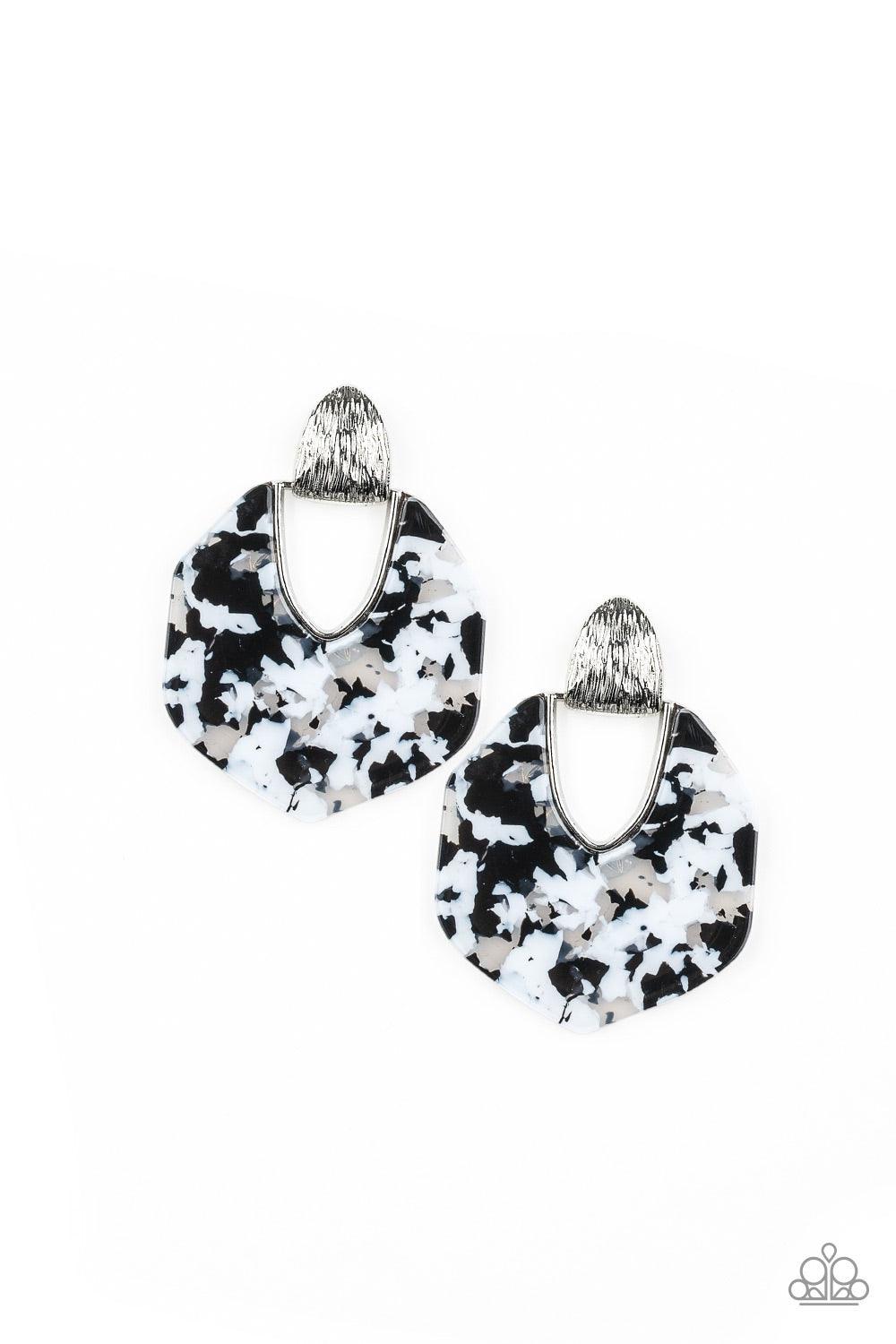 Paparazzi Accessories My Animal Spirit - White Brushed in a faux marble finish, a speckled acrylic frame swings from the bottom of a silver fitting radiating with shimmery detail for a retro look. Earring attaches to a standard post fitting. Jewelry