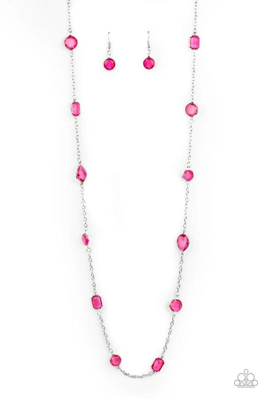 Paparazzi Accessories Glossy Glamorous - Pink Featuring glassy, polished, and opaque finishes, a faceted collection of pink beads join hammered silver discs along a shiny silver chain, creating a colorful display across the chest. Features an adjustable c
