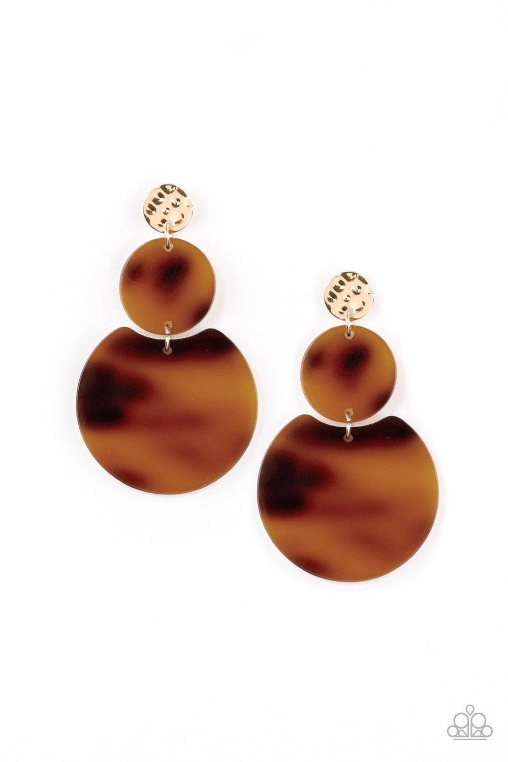 Paparazzi Accessories Miami Mariner - Gold Brushed in a shell-like iridescence, spotted brown frames trickle from a hammered gold frame for a retro look. Earring attaches to a standard post fitting. Jewelry