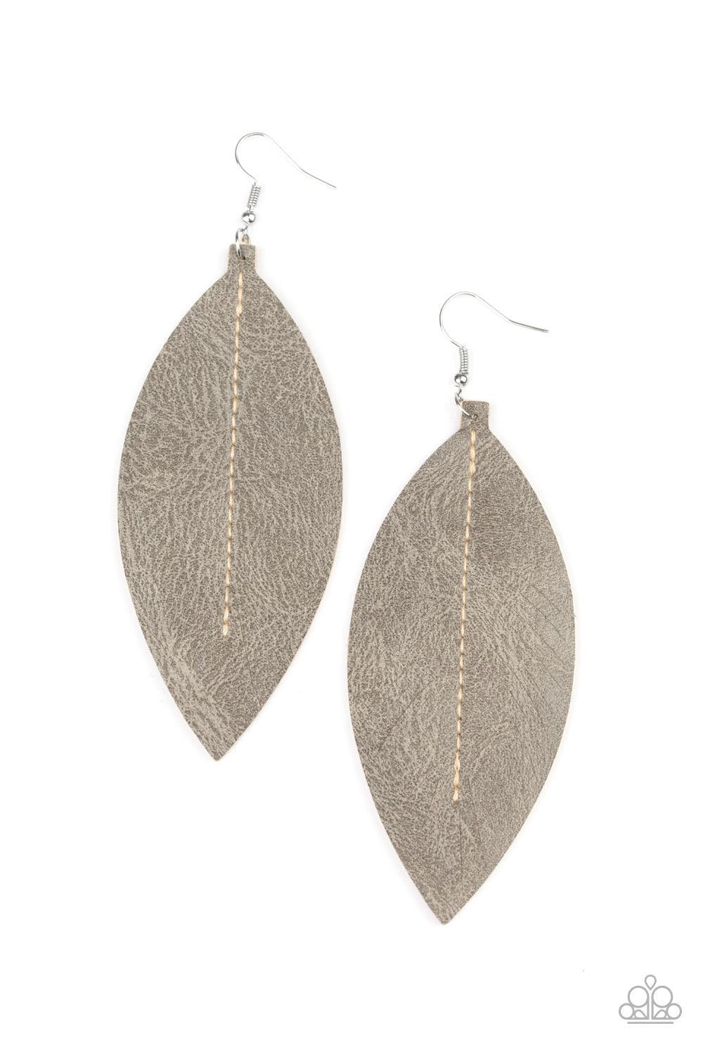 Paparazzi Accessories Naturally Beautiful - Silver Featuring handcrafted stitching, a rustic piece of gray leather is spliced into a life-like leafy pattern for a natural look. Earring attaches to a standard fishhook fitting. Jewelry