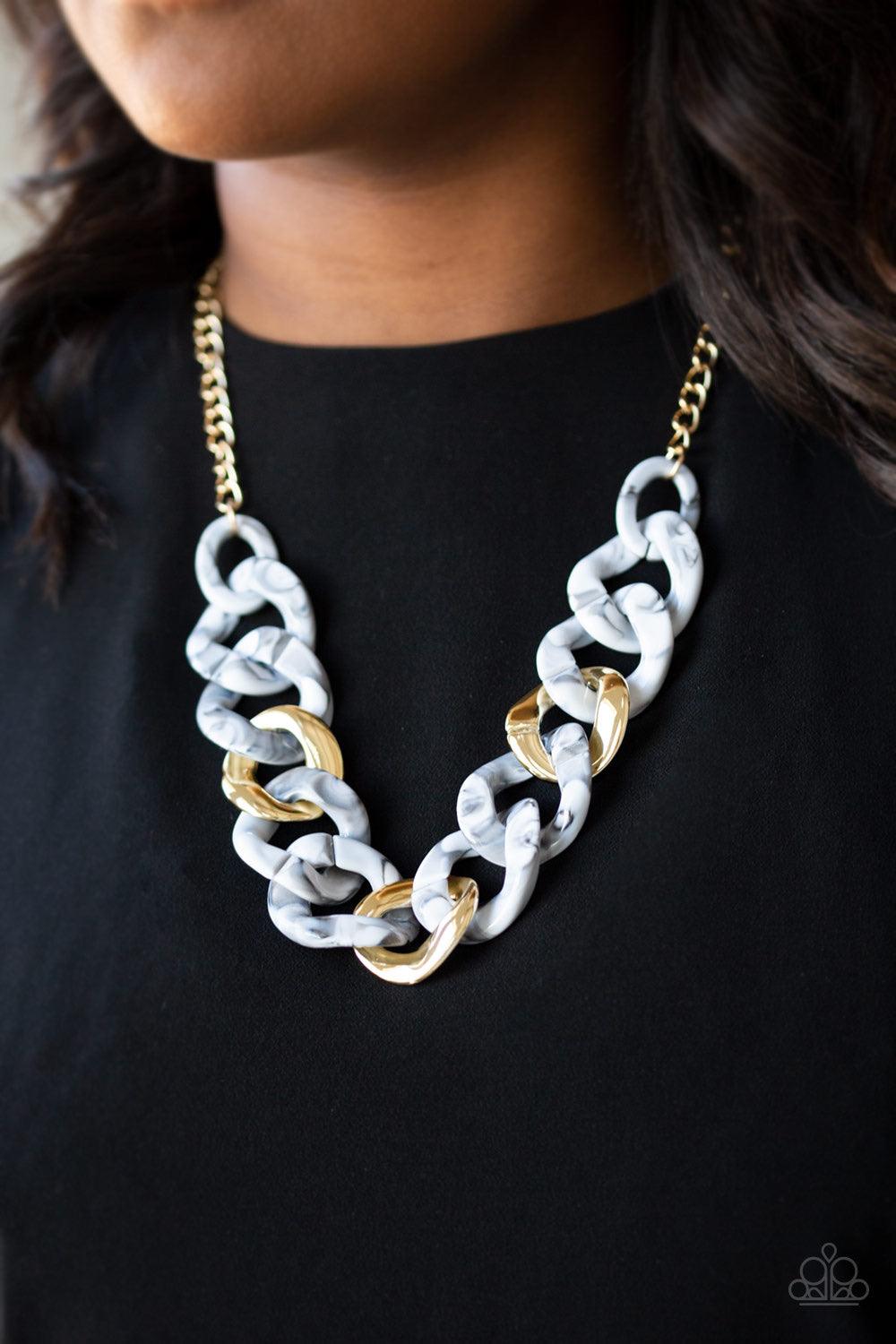 Paparazzi Accessories I Have a HAUTE Date - White Featuring a faux marble finish, smoky white acrylic links connect with shiny metallic links below the collar for a colorful statement-making look. Features an adjustable clasp closure. Jewelry