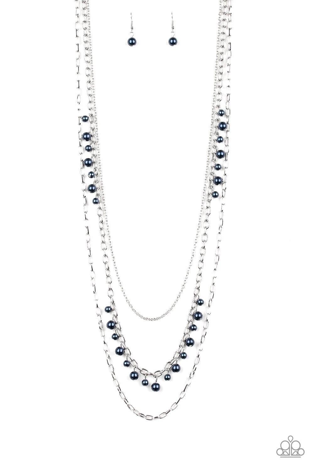 Paparazzi Accessories Pearl Pageant None - Blue Three mismatched silver chains layer down the chest. Dainty blue pearls cascade down one silver chain, adding a flirty twist to the timeless pearl palette. Features an adjustable clasp closure. Sold as one i