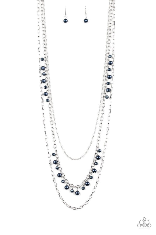 Paparazzi Accessories Pearl Pageant None - Blue Three mismatched silver chains layer down the chest. Dainty blue pearls cascade down one silver chain, adding a flirty twist to the timeless pearl palette. Features an adjustable clasp closure. Sold as one i