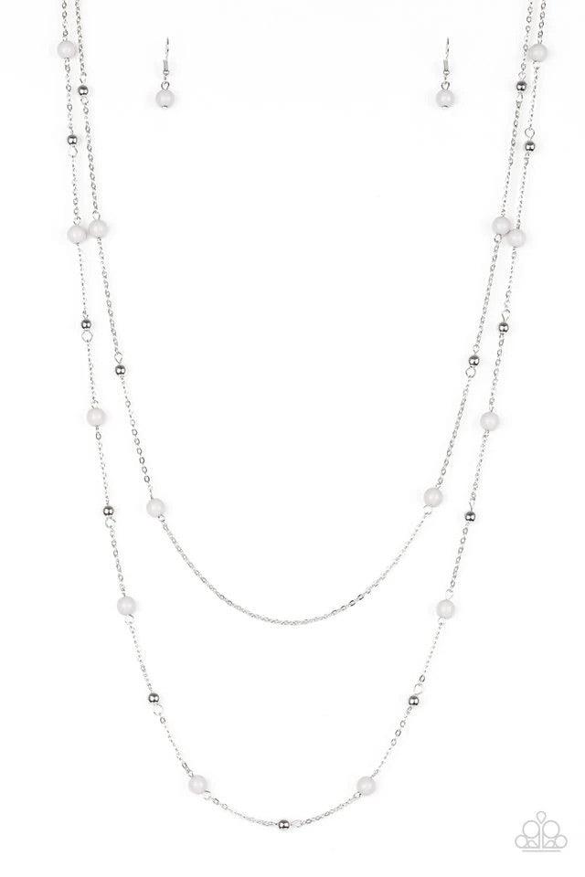 Paparazzi Accessories Beach Party Pageant - Silver Neutral gray and dainty silver beads trickle along two shimmery silver chains, creating colorful layers down the chest. Features an adjustable clasp closure. Jewelry