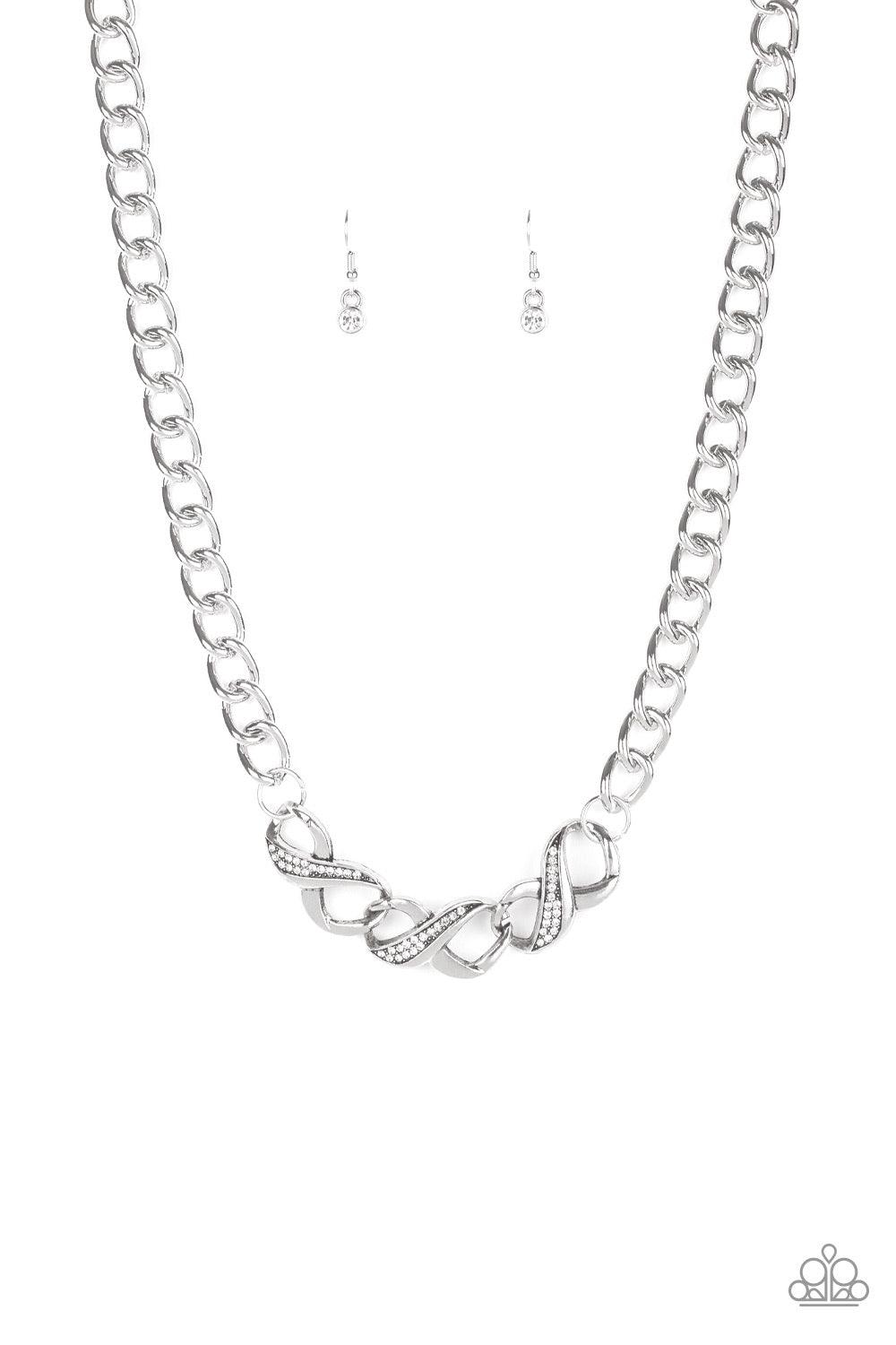 Paparazzi Accessories Infinite Impact - White Encrusted in sections of dainty white rhinestones, three interlinked silver infinity charms attach to a oversized silver chain below the collar for a bold industrial style. Features an adjustable clasp closure