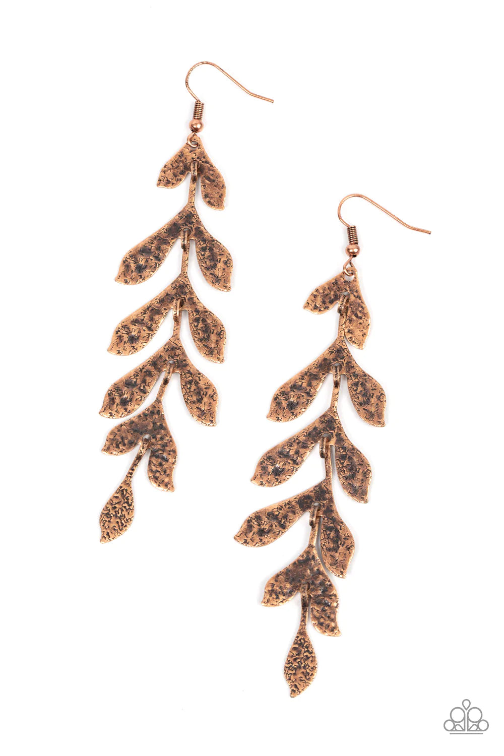 Paparazzi Accessories Lead From the FROND - Copper Hammered in a rustic finish, antiqued copper frames delicately link into a leafy lure for a seasonal inspired style. Earring attaches to a standard fishhook fitting. Sold as one pair of earrings.