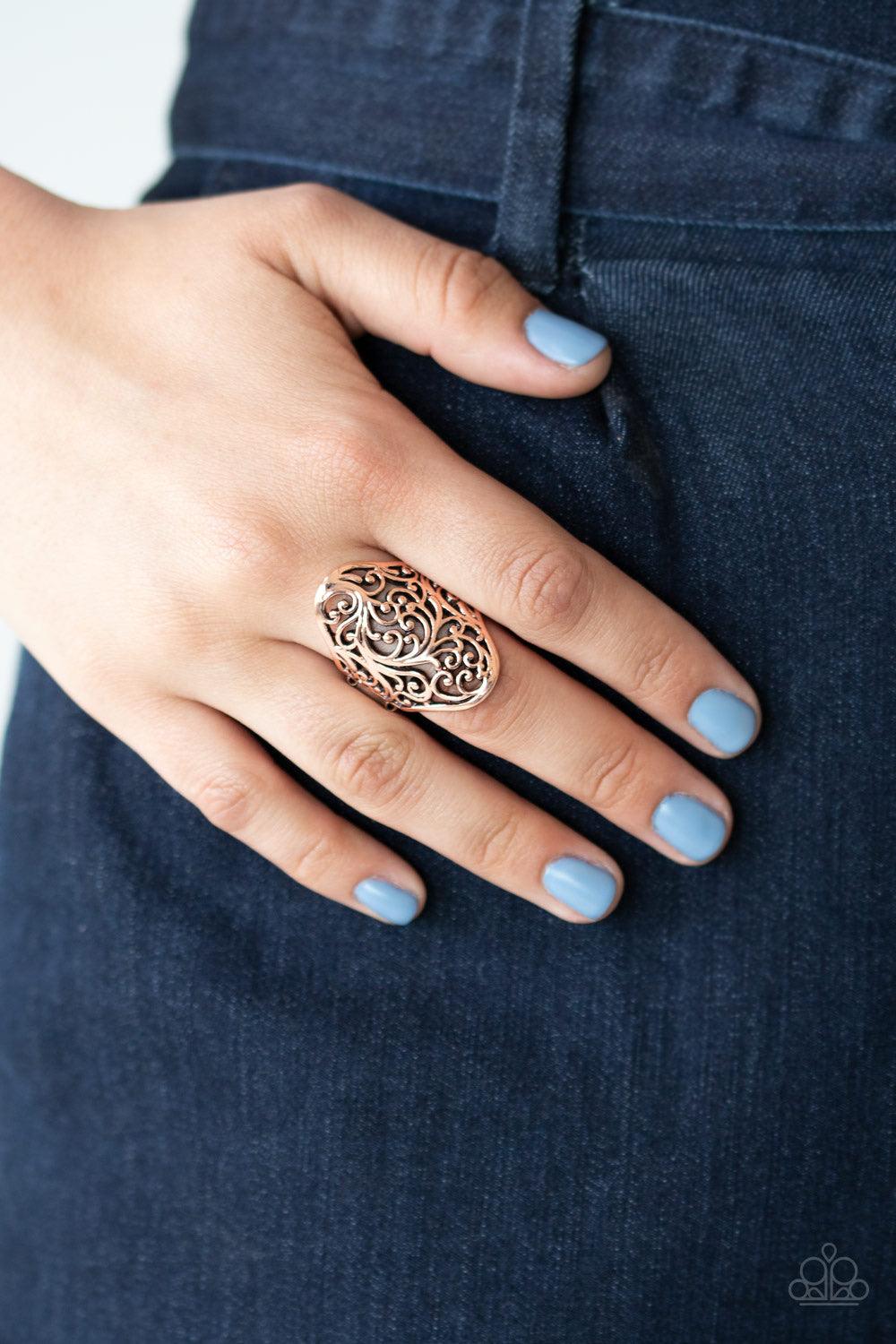 Paparazzi Accessories Vine Vibe - Copper Brushed in an antiqued shimmer, copper vine-like filigree branches across the finger for an airy look. Features a stretchy band for a flexible fit. Jewelry