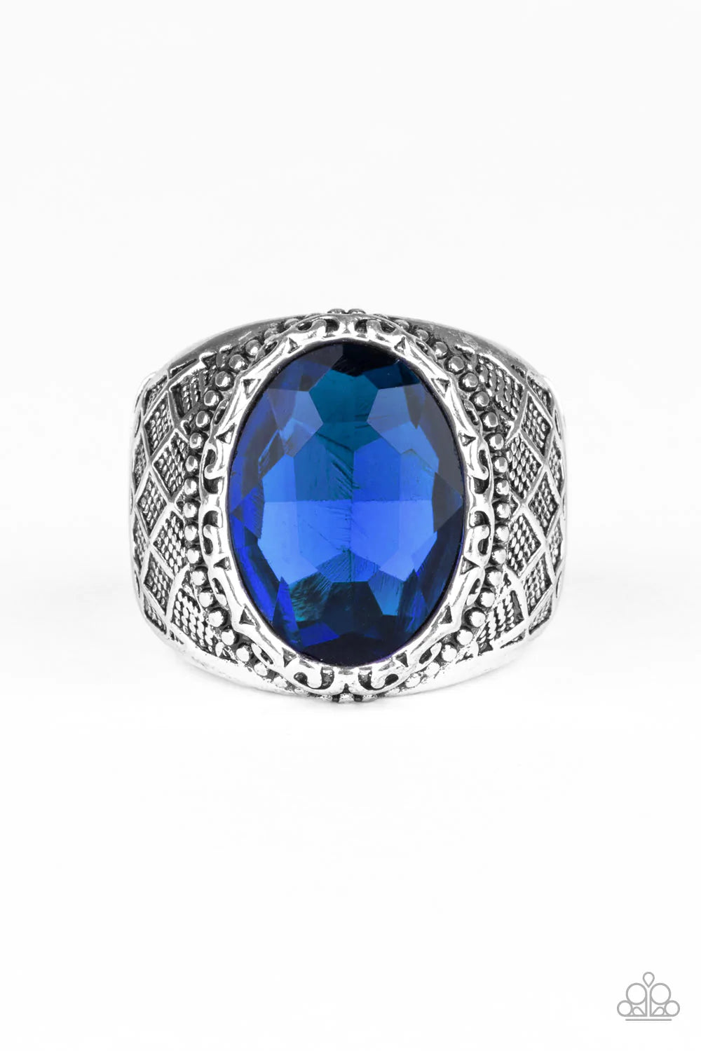 Paparazzi Accessories Pro Bowl - Blue An oval blue rhinestone is pressed into the center of a thick silver band embossed in a crisscrossed texture for a regal look. Features a stretchy band for a flexible fit. Sold as one individual ring.