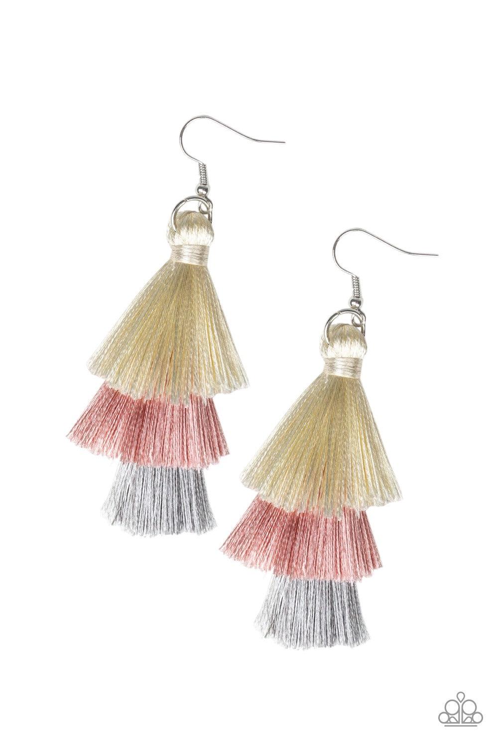 Paparazzi Accessories Hold On To Your Tassel! - Pink Featuring white, pink, and gray thread, a 3-tiered tassel swings from the ear for a flirtatious look. Earring attaches to a standard fishhook fitting. Jewelry