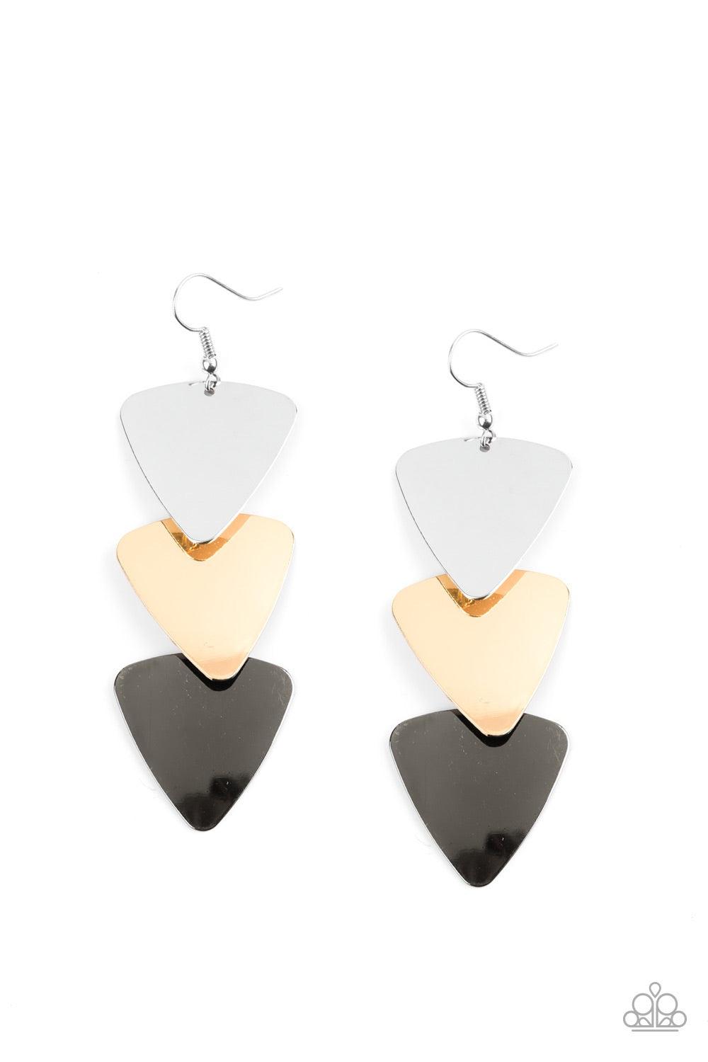 Paparazzi Accessories Terra Trek - Multi Brushed in a high-sheen shimmer, glistening silver, gold, and gunmetal triangular frames cascade from the ear, creating an edgy lure. Earring attaches to a standard fishhook fitting. Jewelry