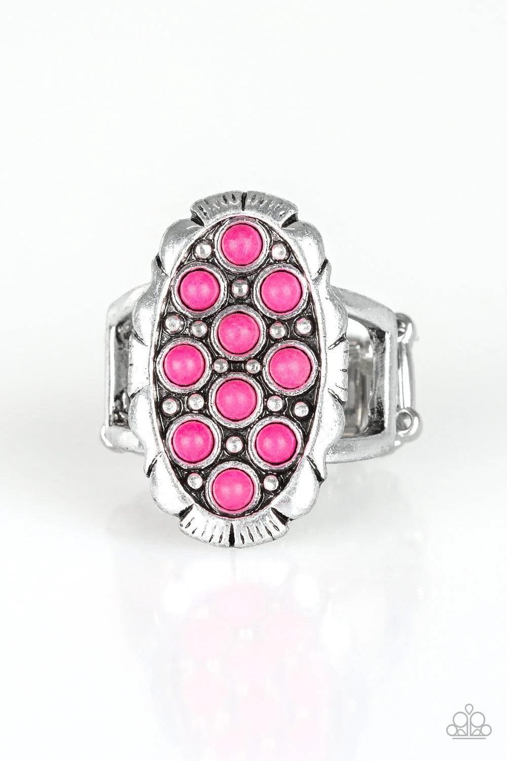 Paparazzi Accessories Cactus Garden - Pink Dainty pink stones are sprinkled across the front of a studded silver frame, creating a vivacious centerpiece atop the finger. Features a stretchy band for a flexible fit. Sold as one individual ring. Jewelry