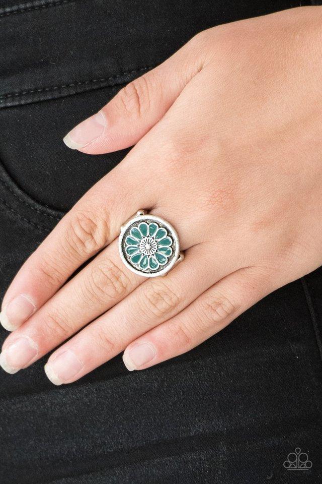 Paparazzi Accessories Garden View - Green Brushed in an antiqued shimmer, refreshing Quetzal Green petals spin into a whimsical floral pattern atop the finger. Features a stretchy band for a flexible fit. Jewelry