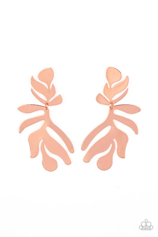 Paparazzi Accessories Palm Picnic - Copper A flat and leafy shiny copper frame swings from the bottom of a matching fitting, creating a trendy seasonal lure. Earring attaches to a standard post fitting. Sold as one pair of post earrings. Jewelry