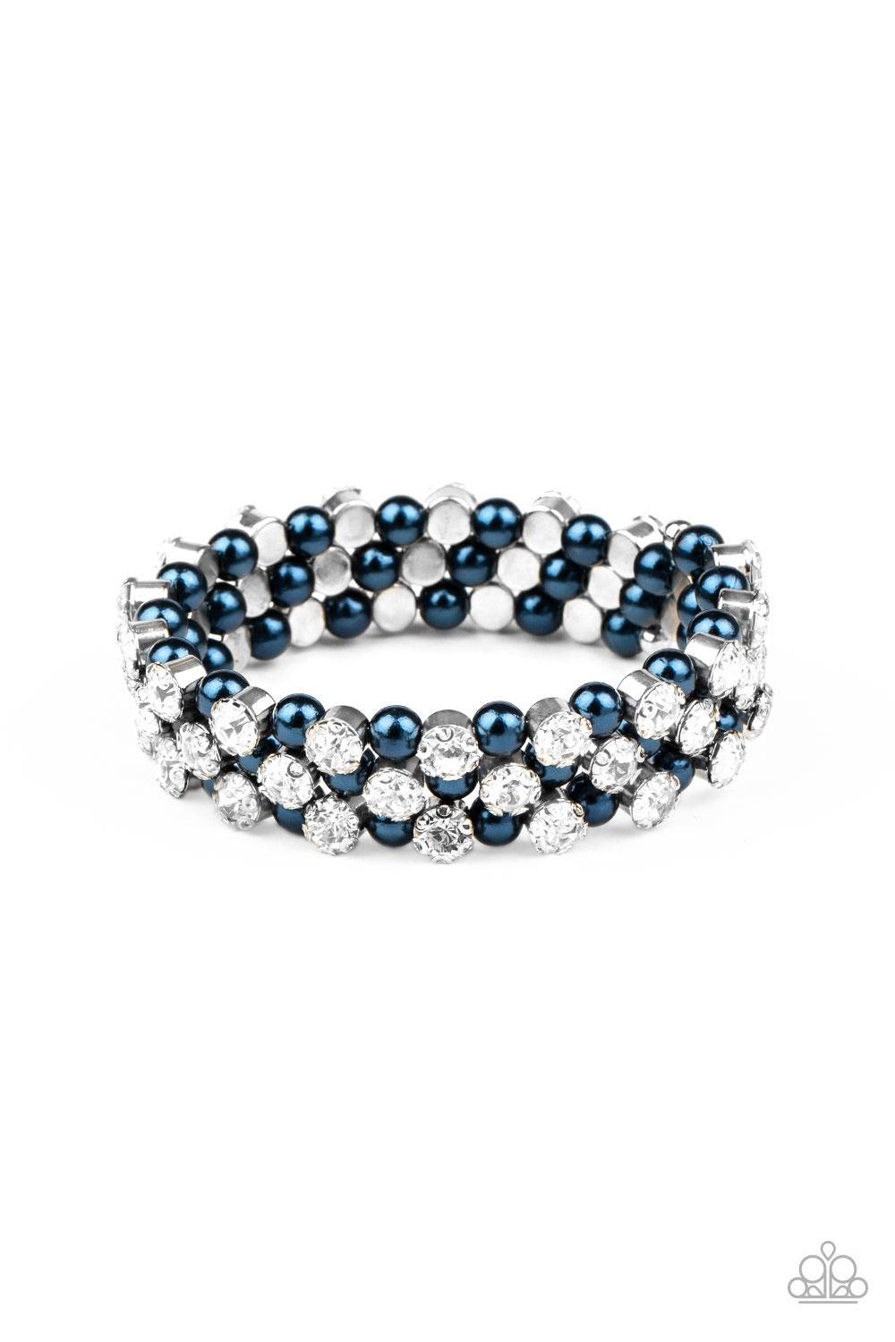 Paparazzi Accessories Metro Motif - Blue Glittery white rhinestones alternate with classy blue pearls along a coiled wire, creating an elegant infinity wrap bracelet around the wrist. Sold as one individual bracelet. Jewelry