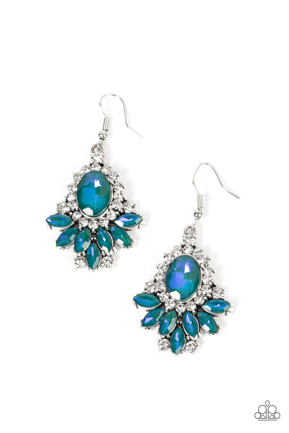 Paparazzi Accessories Magic Spell Sparkle - Green Featuring a blue opalescent finish, staggered layers of marquise cut green rhinestones fan out from an oversized green gem that is bordered in a ring of glittery white rhinestones for an enchanting finish.