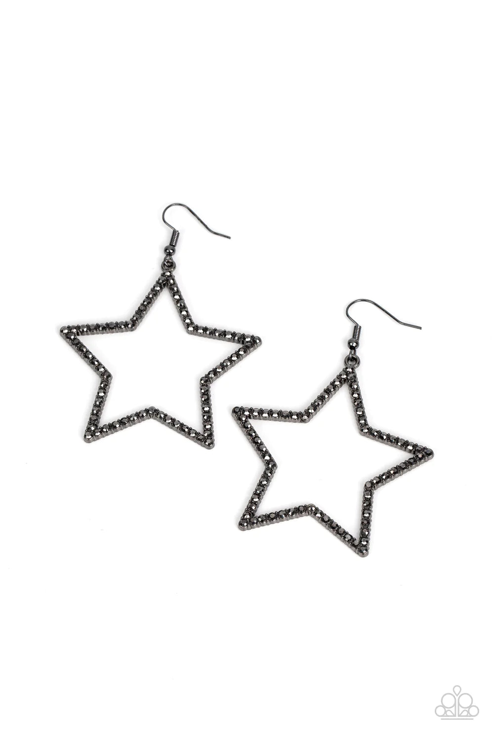 Paparazzi Accessories Supernova Sparkle - Black Smoky hematite rhinestones adorn the front of an oversized gunmetal star silhouette, sparking into a stellar centerpiece. Earring attaches to a standard fishhook fitting. Sold as one pair of earrings. Jewelr