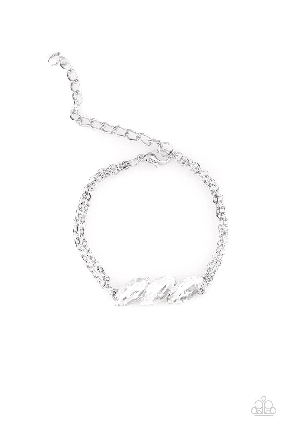 Paparazzi Accessories Pretty Priceless - White Featuring regal marquise-cuts, a trio of glittery white rhinestones join across the center of the wrist for a timeless look. Features an adjustable clasp closure. Sold as one individual bracelet. Jewelry