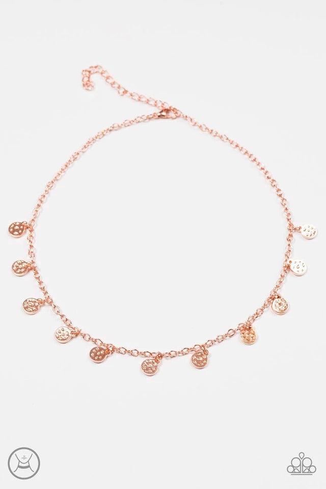 Paparazzi Accessories The FRINGE Zone - Copper Delicately hammered in shimmery texture, dainty shiny copper discs swing from the bottom of a matching chain, creating a dainty fringe below the collar. Features an adjustable clasp closure. Sold as one indiv