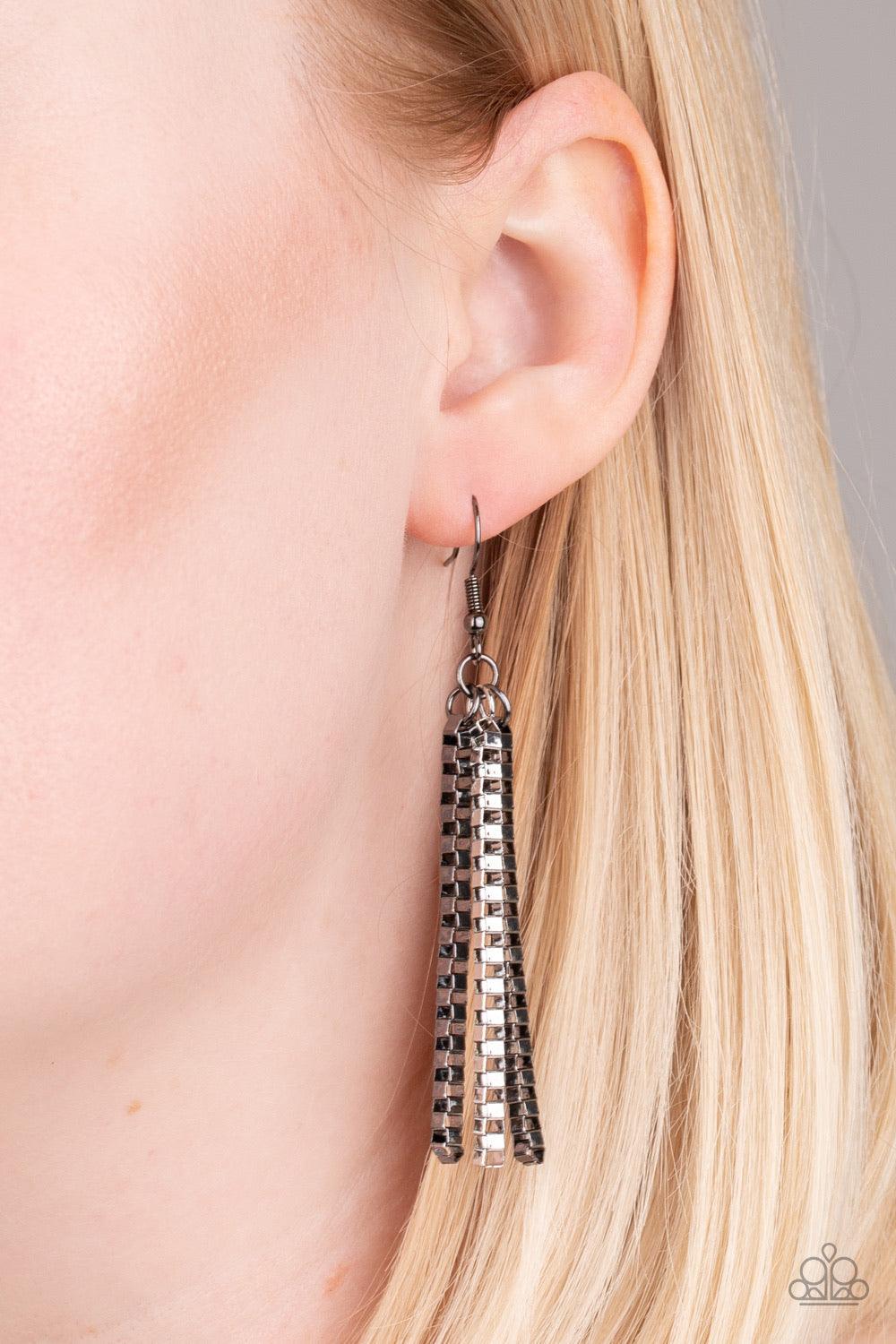 Paparazzi Accessories Beat Box Queen - Black Attached to a thick gunmetal chain, a collision of silver and gunmetal box chains layer below the collar for an edgy mix. Features an adjustable clasp closure. Sold as one individual necklace. Includes one pair