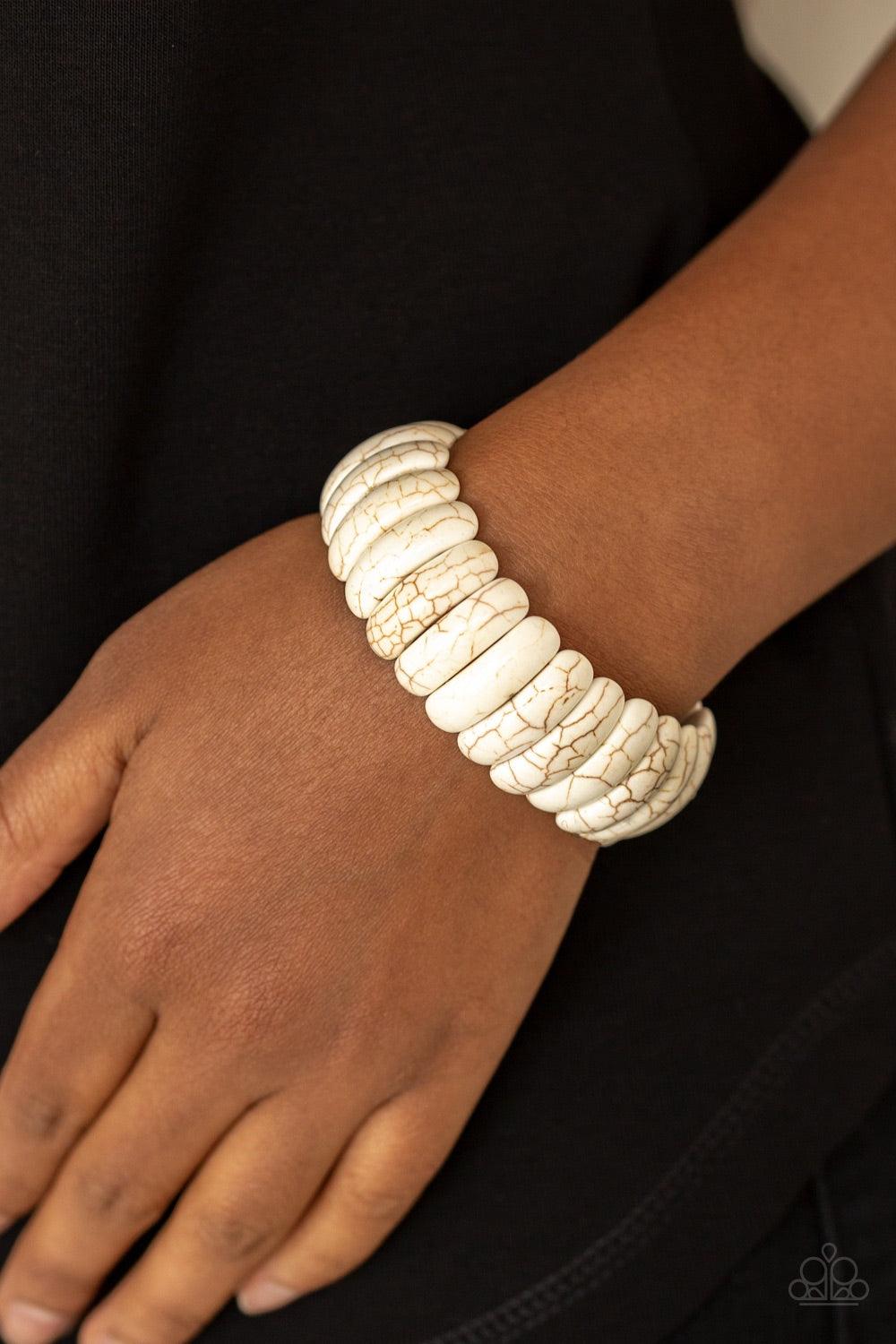 Paparazzi Accessories Peacefully Primal - White Refreshing white stone beads are threaded along stretchy bands, creating an earthy look around the wrist. Jewelry