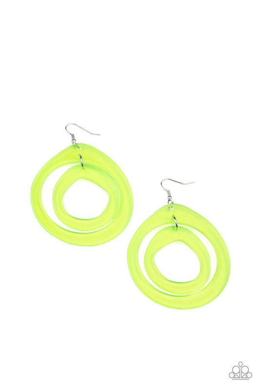 Paparazzi Accessories Show Your True NEONS - Yellow Featuring asymmetrical shapes, neon yellow acrylic hoops link into a dizzying lure for an out-of-this-world experience. Earring attaches to a standard fishhook fitting. Sold as one pair of earrings. Jewe