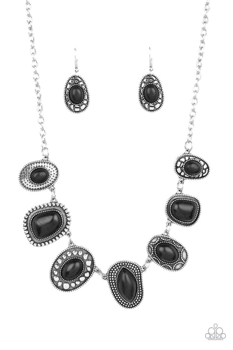 Paparazzi Accessories Albuquerque Artisan - Black An earthy collection of irregular shaped black stones are each pressed into distinctive antiqued silver frames. Each frame showcases a unique pattern of studded and dotted texture resulting in an exclusive