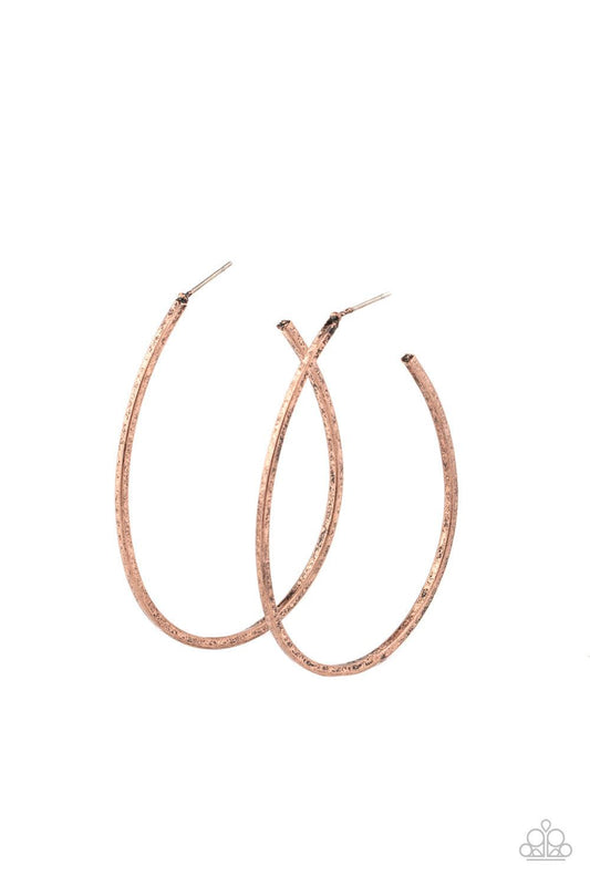 Paparazzi Accessories Cool Curves - Copper An antiqued copper bar unexpectedly curls into an edgy shaped hoop for an abstract look. Earring attaches to a standard post fitting. Hoop measures approximately 1 3/4" in diameter. Sold as one pair of hoop earri