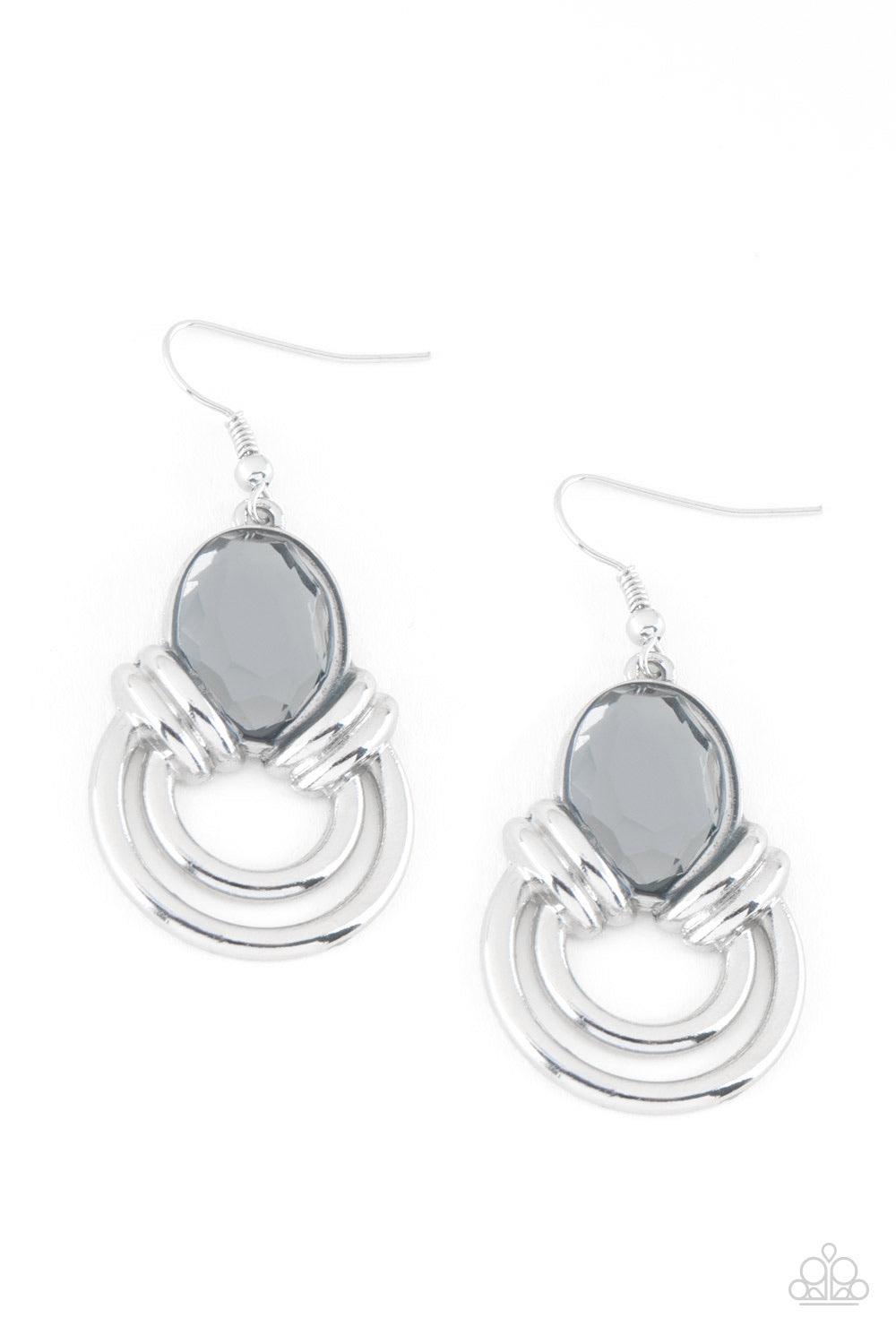 Paparazzi Accessories Real Queen - Silver Shimmery silver hoops radiate from the bottom of a dramatic gem fitting, coalescing into a regal frame. Earring attaches to a standard fishhook fitting. Jewelry