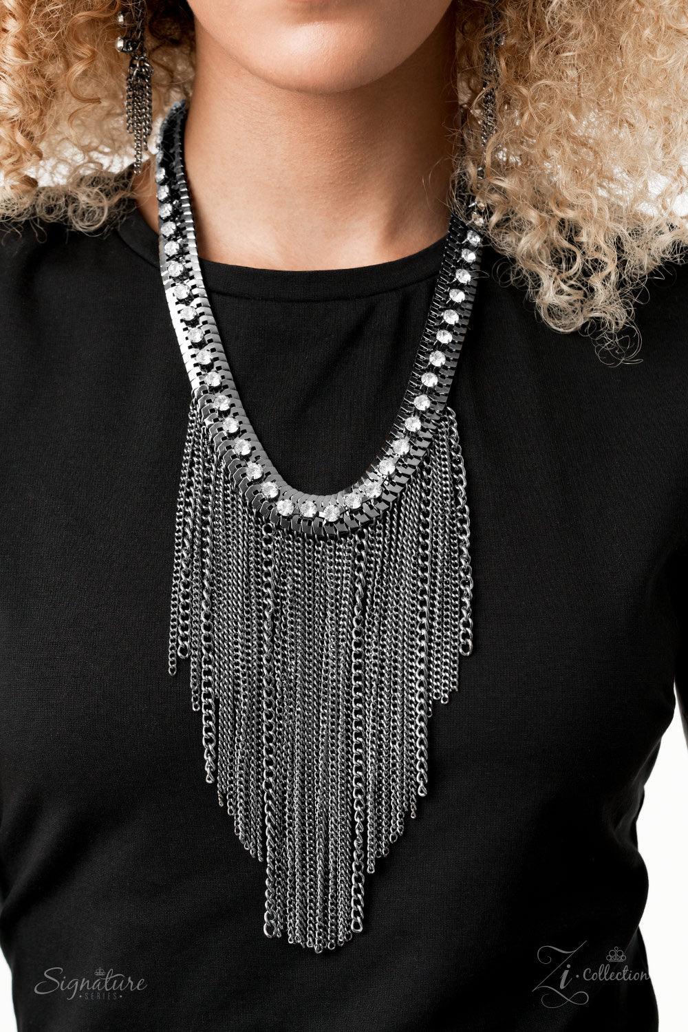 Paparazzi Accessories The Alex 💗💗ZiCollection $25💗💗 A sassy curtain of mismatched gunmetal chains tapers from the bottom of a dramatic row of glassy white rhinestones that have been delicately fastened to an edgy row of flattened gunmetal chain. The e
