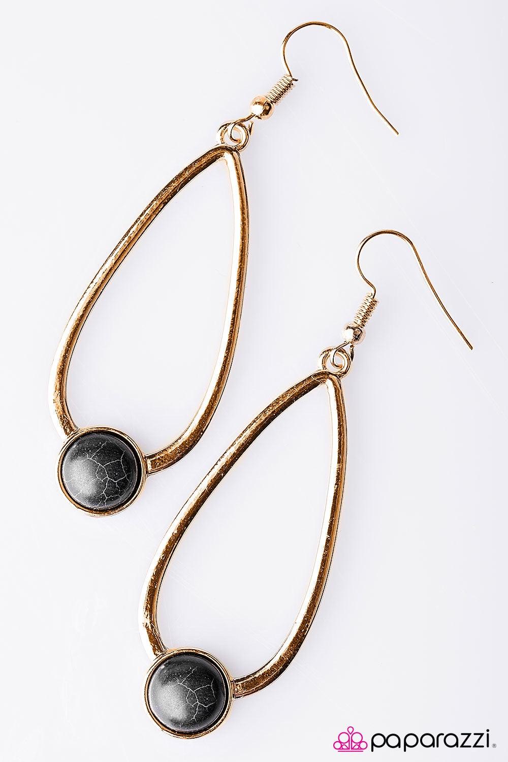 Paparazzi Accessories Milestones - Black A posh black stone adorns the bottom of an airy gold frame, creating a simply seasonal display. Earring attaches to a standard fishhook fitting. Jewelry
