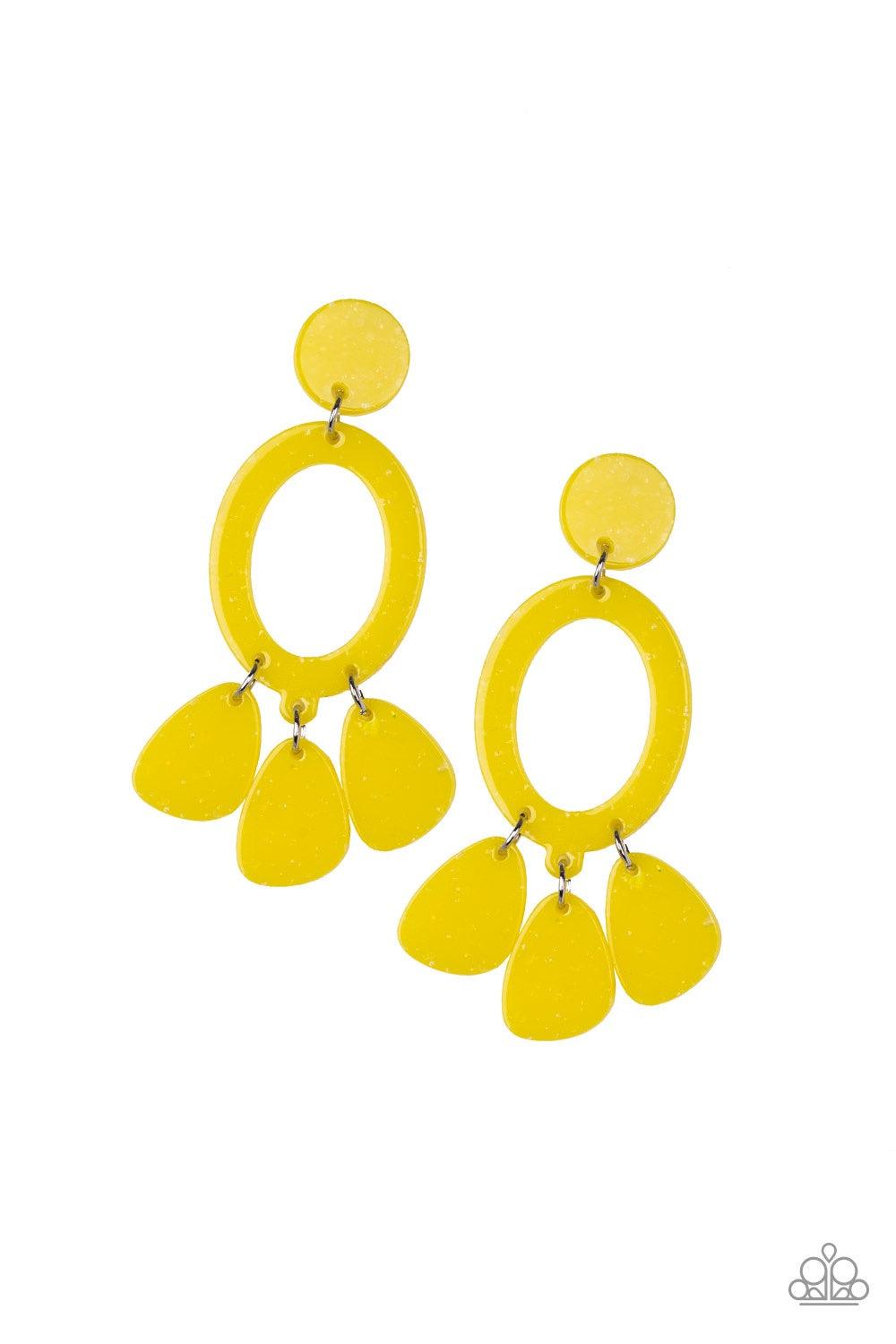 Paparazzi Accessories Sparkling Shores - Yellow Sparkle flecked yellow acrylic frames link into an abstract lure for a summery look. Earring attaches to a standard post fitting. Jewelry