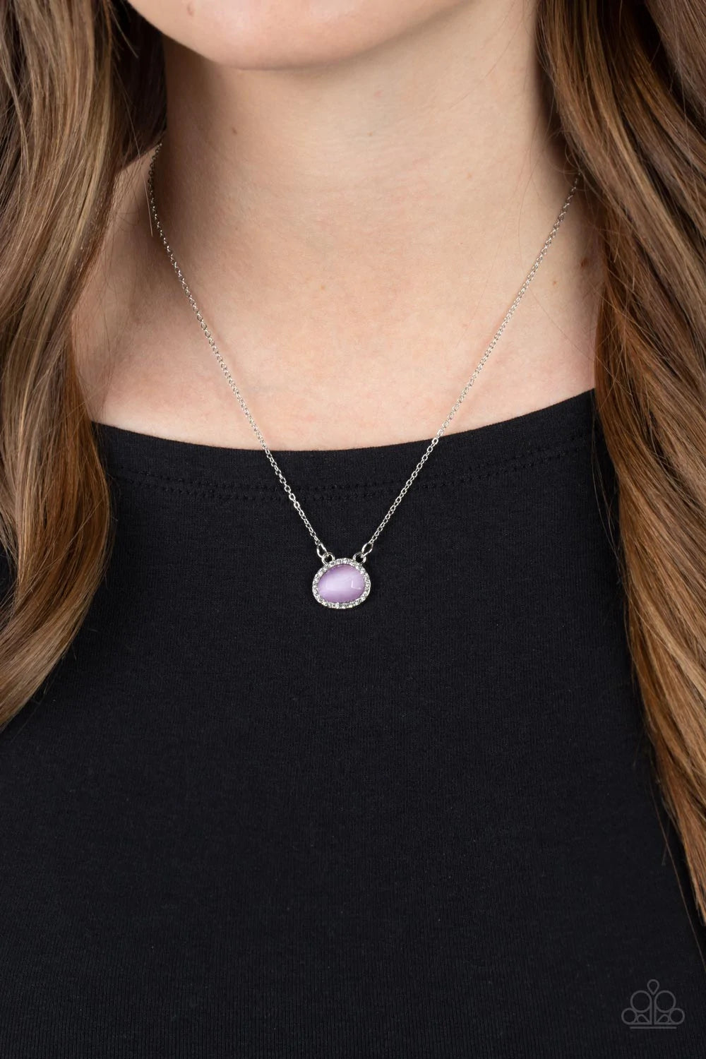 Paparazzi Accessories Treasure Me Always - Purple Bordered in a ring of dainty white rhinestones, an imperfect Very Peri gemstone twinkles along a dainty silver chain. Featuring a faceted shimmer, the dainty pendant creates a treasured pendant below the c